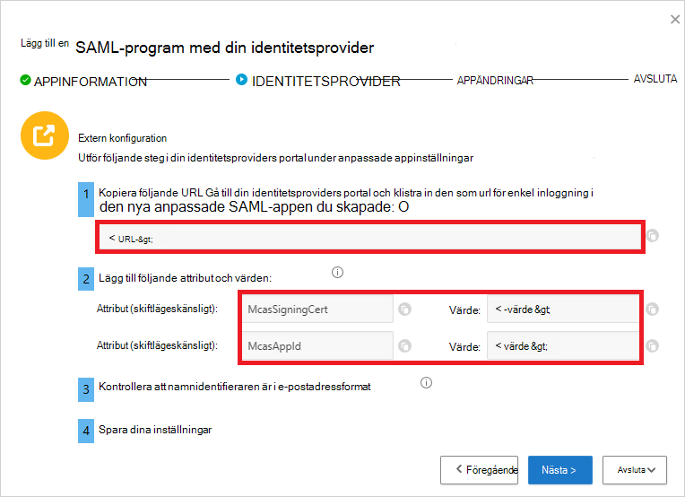 Anteckna URL och attribut för enkel inloggning i Defender for Cloud Apps.