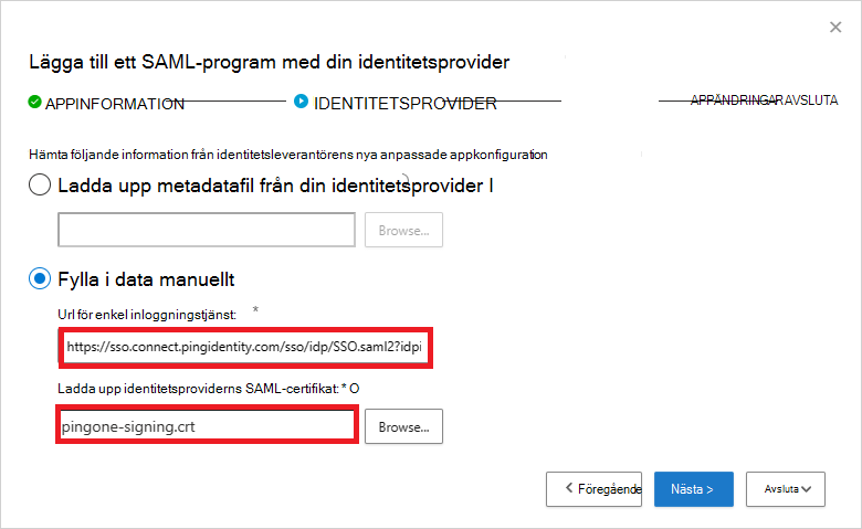 Lägg till URL för SSO-tjänsten och SAML-certifikat.