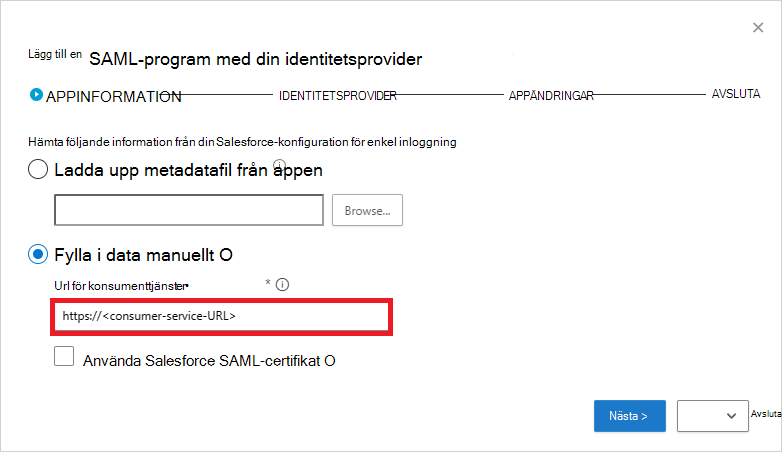 Fyll i Salesforce SAML-information manuellt.