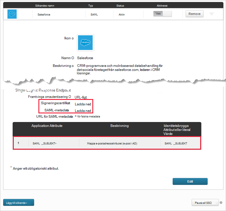 Observera den befintliga Salesforce-appens attribut.