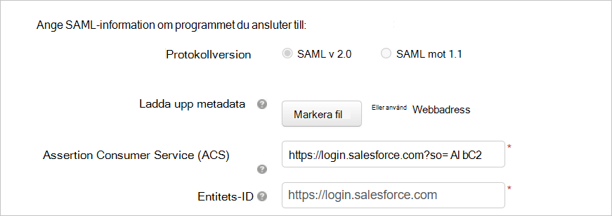 Konfigurera anpassad app med Salesforce SAML-information.