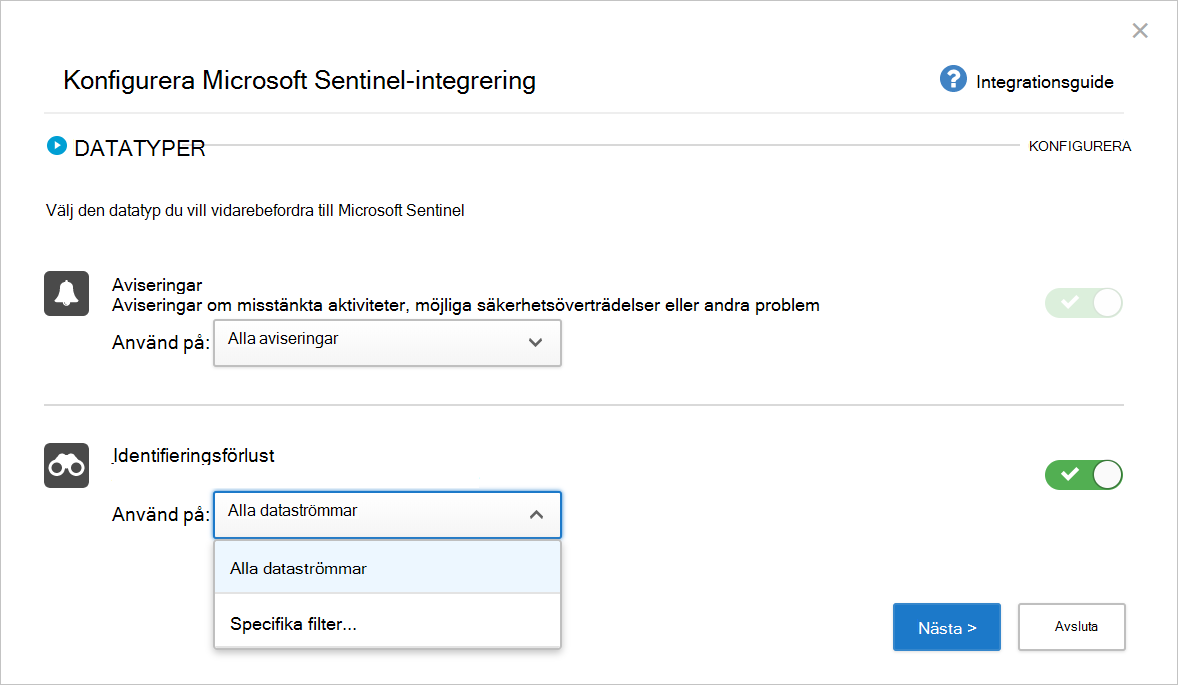 Skärmbild som visar startsidan för Konfigurera Microsoft Sentinel-integrering.