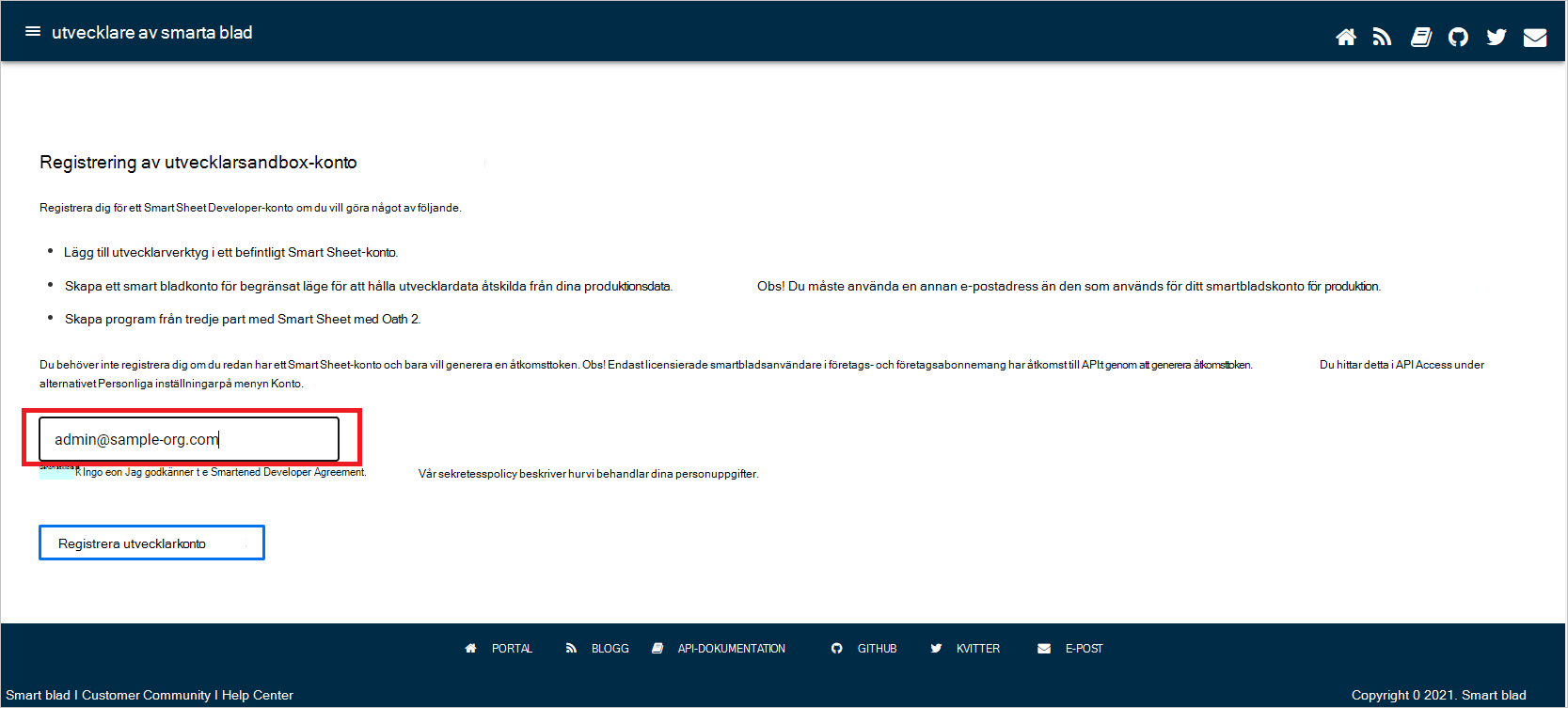 Skärmbild som visar sidan Registrering av sandbox-konto för utvecklare.