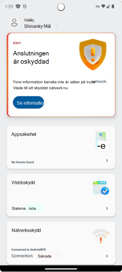 Skärmbild som visar användarens instrumentpanel i Microsoft Defender-appen.