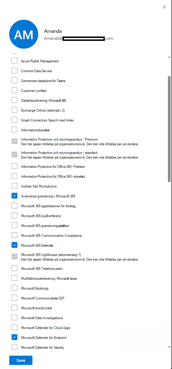 Skärmbild av sidan som visar tilldelningsobjektets information och en lista med alternativ.