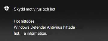 Microsoft Defender avisering om antivirushot som hittas innehåller alternativ för att hämta information