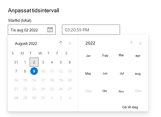 Skärmbild av det anpassade tidsintervallet.