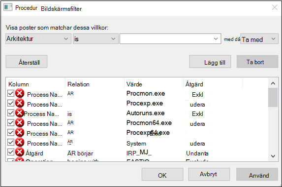 Skärmbild som visar sidan där Systemexkludering väljs som processnamn för filtrering.