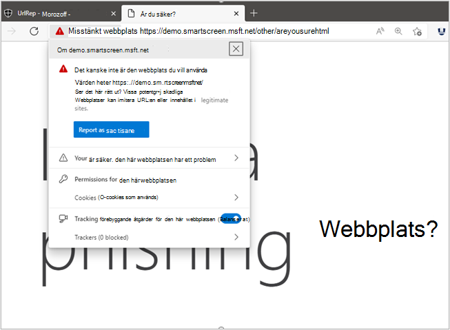 SmartScreen varnar användaren om att webbplatsen potentiellt är en nätfiskewebbplats och kan vara osäker
