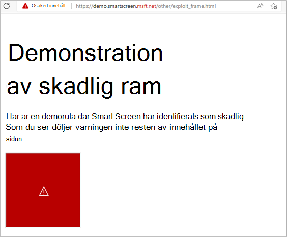 En demonstration av hur SmartScreen svarar på en bildruta på en sida som identifieras vara skadlig. Endast den skadliga ramen blockeras