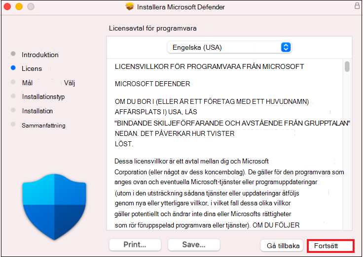 Skärmbild som visar licensavtalet för programvara.