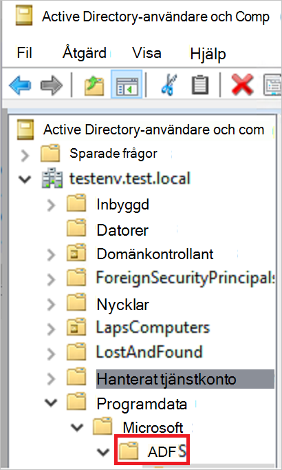 Skärmbild av en container för Active Directory Federation Services (AD FS).