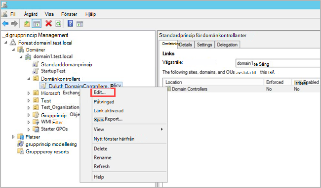 Skärmbild av fönstret för redigering av standardprincipen för domänkontrollanter.