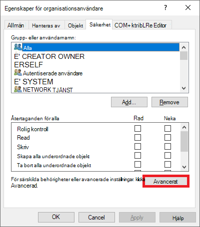 Screenshot of the advanced security settings.