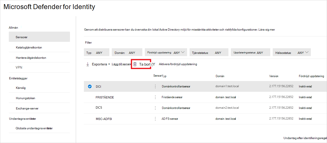 Ta bort den överblivna Defender for Identity-sensorn från sensorsidan