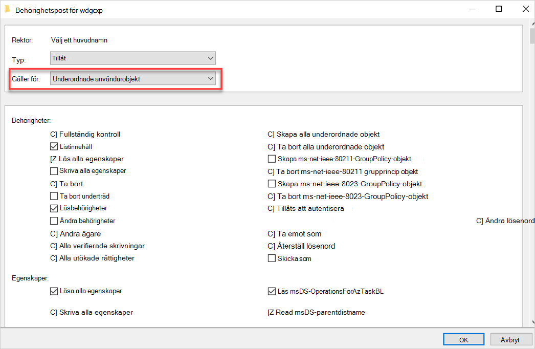 Screenshot of setting permissions and properties.