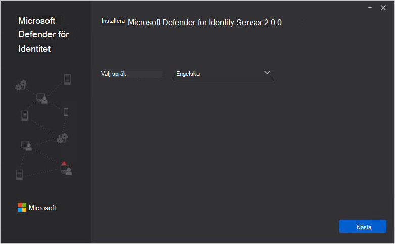 Skärmbild som visar valet av det fristående sensorinstallationsspråket Defender for Identity.