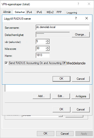 Skärmbild av knappen Skicka RADIUS-konto på och redovisning av meddelanden.