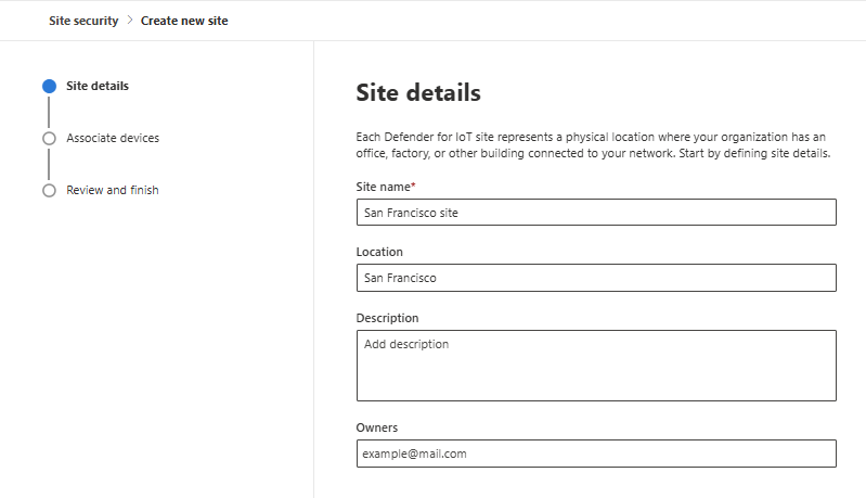 Skärmbild som visar information om hur du skapar en ny webbplats på sidan Webbplatssäkerhet i Microsoft Defender för IoT i Microsoft Defender-portalen.