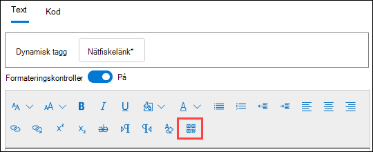 Åtgärden Infoga QR-kod i formateringskontrollerna på sidan Konfigurera nyttolast i guiden skapa ny nyttolast.