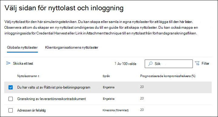 Fliken Globala nyttolaster på sidan Välj nyttolast med en nyttolast markerad och åtgärden Skicka ett test i Övning av attacksimulering.