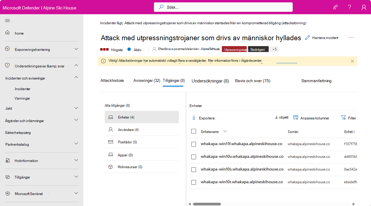 Skärmbild av sidan Användare för en incident i Microsoft Defender-portalen.