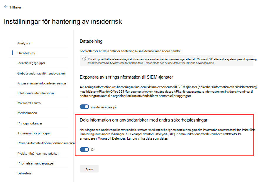 Markera inställningen i Microsoft Purview-portalen som krävs för att insiderriskaviseringar ska visas i Defender XDR.