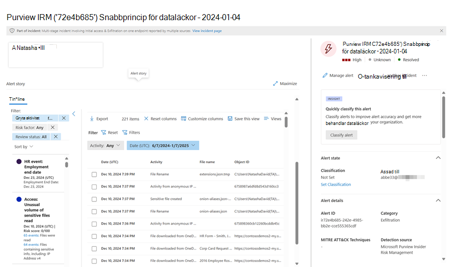 Exempel på aviseringar om insiderrisk från Hantering av interna risker i Microsoft Purview.