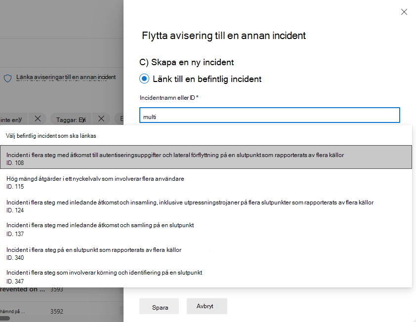 Skärmbild av att välja en befintlig incident att flytta en avisering till.