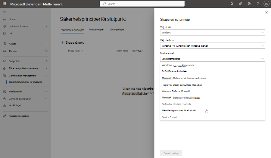 Skärmbild av sidan för att skapa principer på sidan för slutpunkters säkerhetsprincip i hantering av flera klientorganisationer.