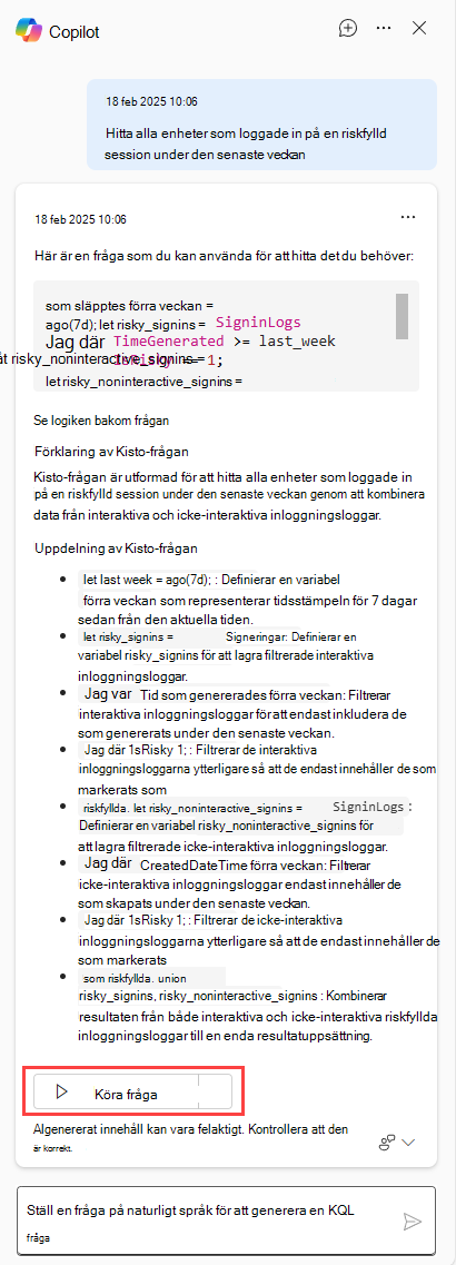Skärmbild av knappen Copilot som visar Lägg till frågan i frågeredigeraren och kör.