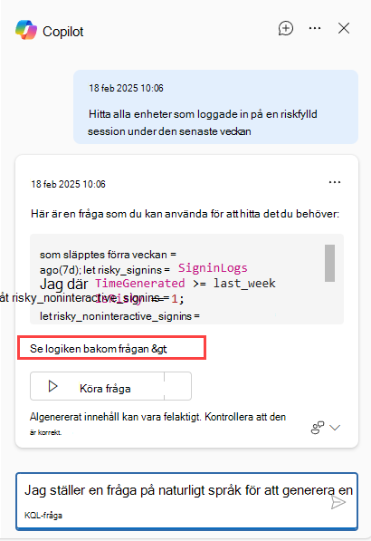 Skärmbild av knappen Copilot som visar se logiken bakom frågan.