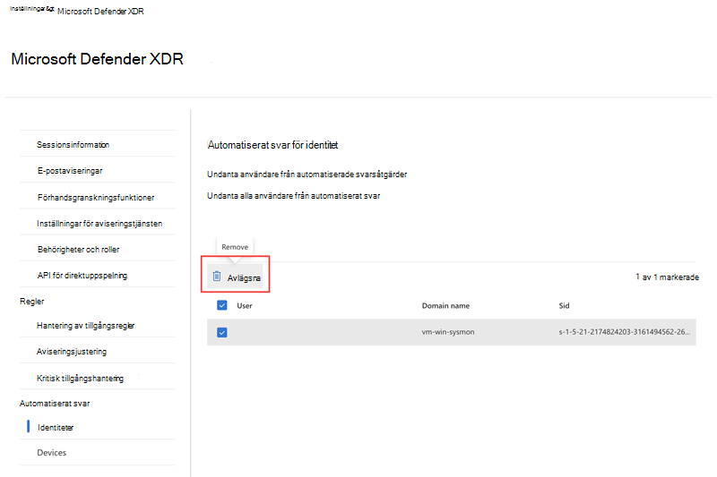 Markera borttagningsalternativet när du tar bort en exkluderad användare på sidan Identiteter i automatiseringsinställningarna för attackavbrott