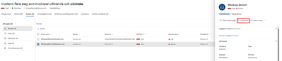 Skärmbild som visar alternativet enhetssammanfattning på fliken Tillgångar på en incidentsida i Copilot i Defender.