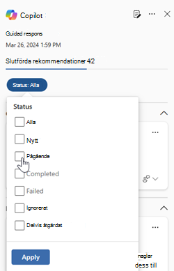 Skärmbild som visar status för svar i Copilot-fönstret på sidan Microsoft Defender incident.