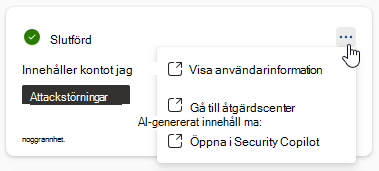 Skärmbild som visar de alternativ som är tillgängliga för användare i ett automationssvarskort i Copilot-fönstret i Microsoft Defender XDR.