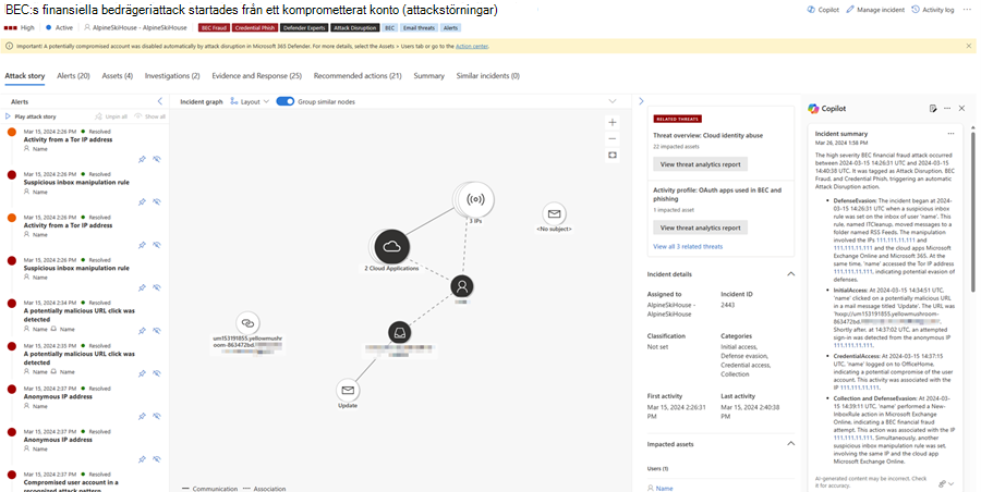 Skärmbild som visar kortet incidentsammanfattning i Copilot-fönstret som visas på sidan Microsoft Defender incident.