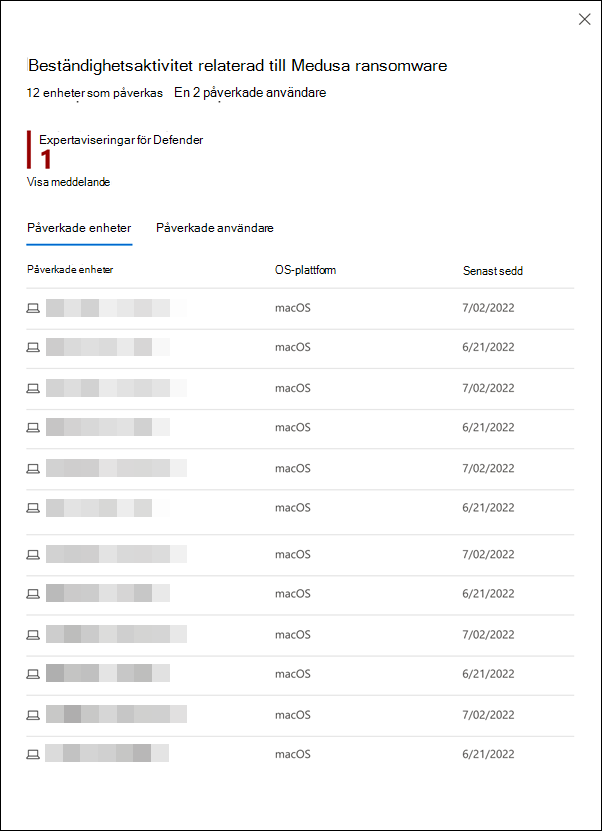 Skärmbild av en utfälld panel som visar en lista över enheter som påverkas av en identifierad misstänkt aktivitet.