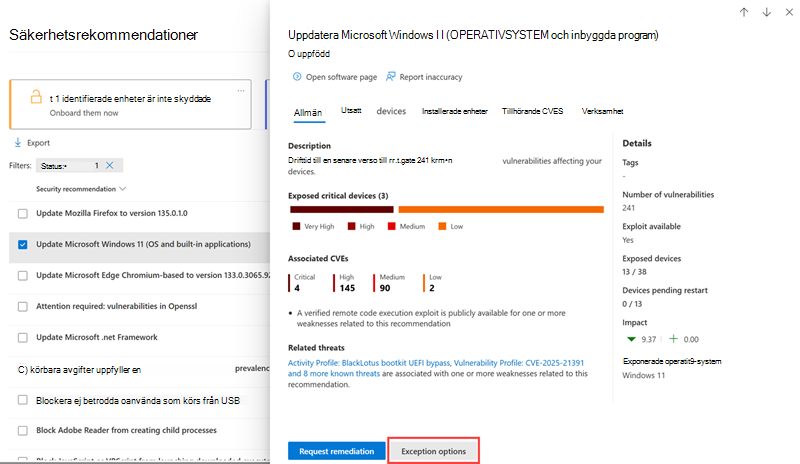 Visar var undantagsalternativen finns i en utfälld säkerhetsrekommendationsutfällning.