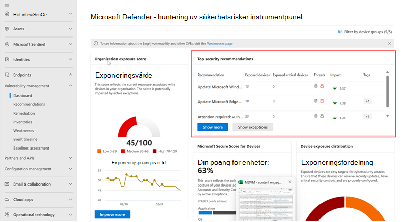 Skärmbild av instrumentpanelen för sårbarhetshantering med säkerhetsrekommendationer markerade.