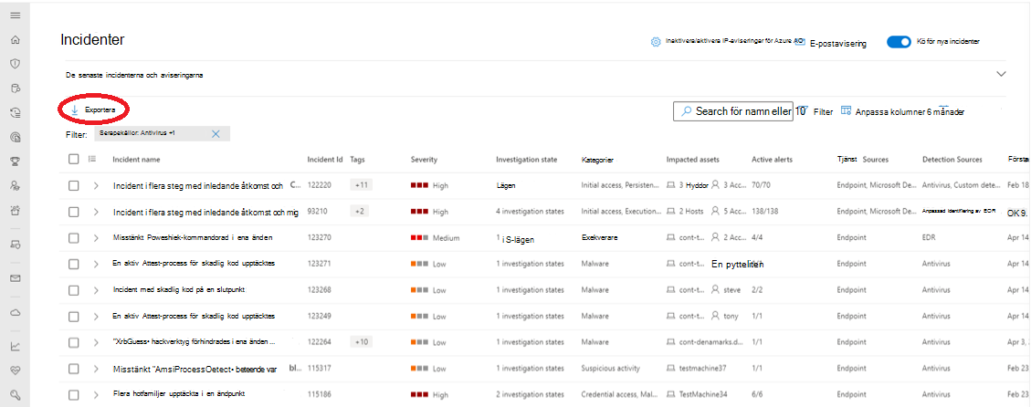 Visar knappen Exportera på sidan Incidenter i Microsoft Defender-portalen