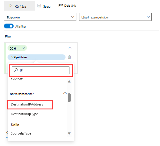 Skärmbild av frågeverktyget för guidat läge för att söka efter lyckade anslutningar till ett specifikt IP-filter