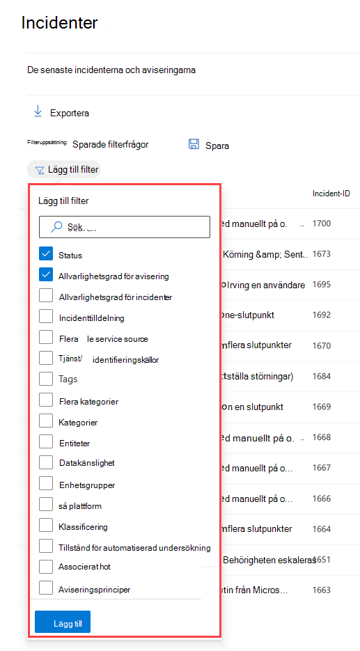 Fönstret Filter för incidentkön i Microsoft Defender-portalen.