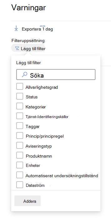 Alla filter som är tillgängliga i aviseringskön i Microsoft Defender-portalen