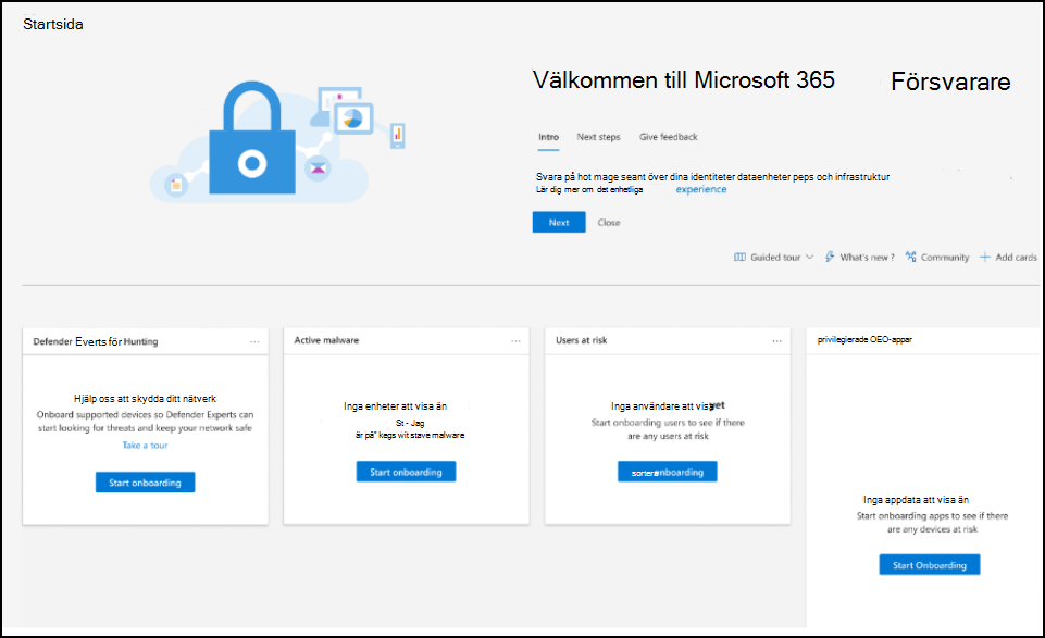 Skärmbild av Microsoft Defender XDR välkomstsida med ett kort för Defender jaktexperter-tjänsten.