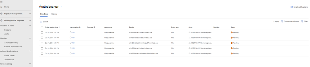 Skärmbild av Åtgärdscenter i Microsoft Defender-portalen.