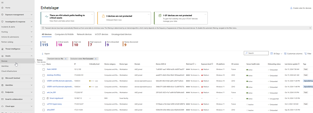 Skärmbild av sidan Enhetsinventering i Microsoft Defender-portalen.