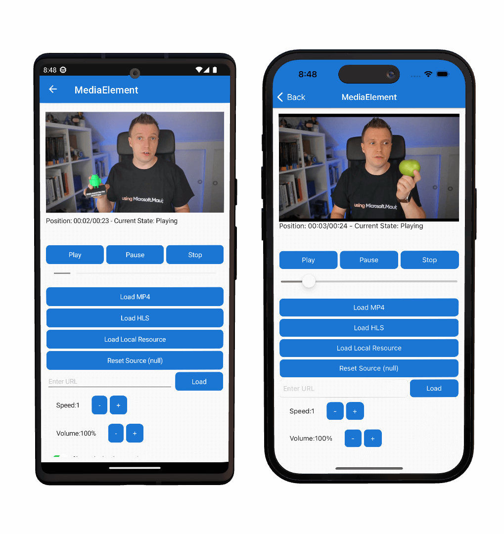 Skärmbild av ett MediaElement som spelar upp en video på Android och iOS.