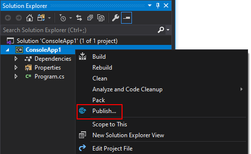 Skärmbild som visar Solution Explorer med en snabbmeny som markerar alternativet Publicera.