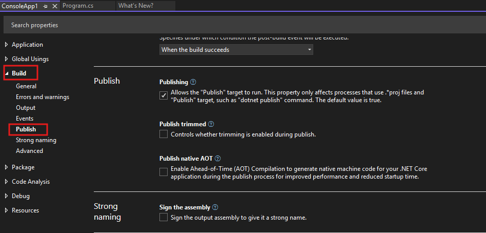 Visual Studio-publiceringssida med alternativet Publicera trimmat.